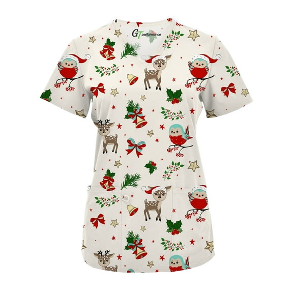 Green Town Scrubs for Women V-Neck Scrub Top - Christmas Thanksgiving Halloween Holiday Prints