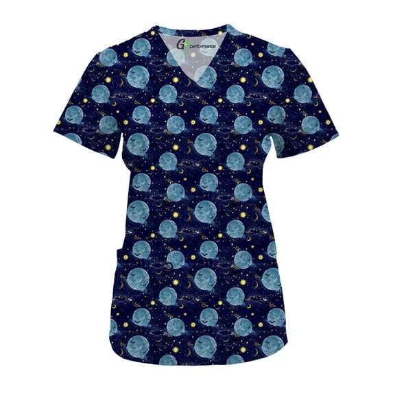 Green Town Scrubs for Women V-Neck Scrub Top - Christmas Thanksgiving Halloween Holiday Prints