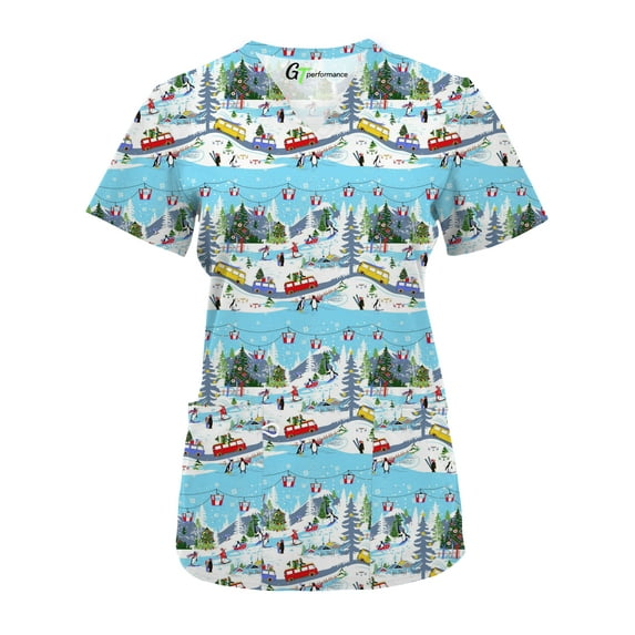 Green Town Scrubs for Women V-Neck Scrub Top - Christmas Thanksgiving Halloween Holiday Prints