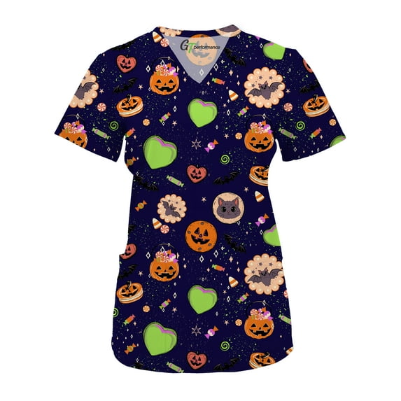 Green Town Scrubs for Women V-Neck Scrub Top - Christmas Thanksgiving Halloween Holiday Prints