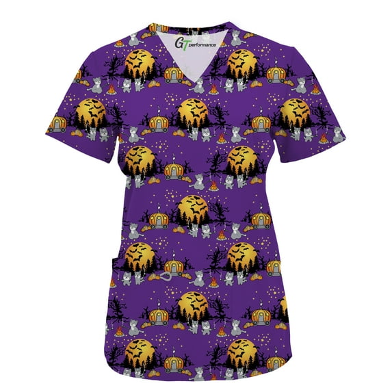 Green Town Scrubs for Women V-Neck Scrub Top - Christmas Thanksgiving Halloween Holiday Prints