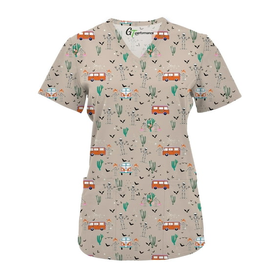 Green Town Scrubs for Women V-Neck Scrub Top - Christmas Thanksgiving Halloween Holiday Prints