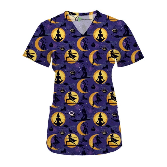 Green Town Scrubs for Women V-Neck Scrub Top - Christmas Thanksgiving Halloween Holiday Prints