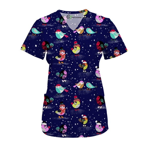 Green Town Scrubs for Women V-Neck Scrub Top - Christmas Thanksgiving Halloween Holiday Prints