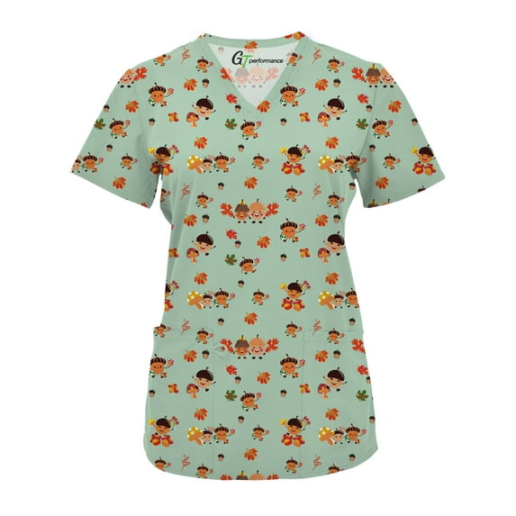 Green Town Scrubs for Women V-Neck Scrub Top - Christmas Thanksgiving Halloween Holiday Prints
