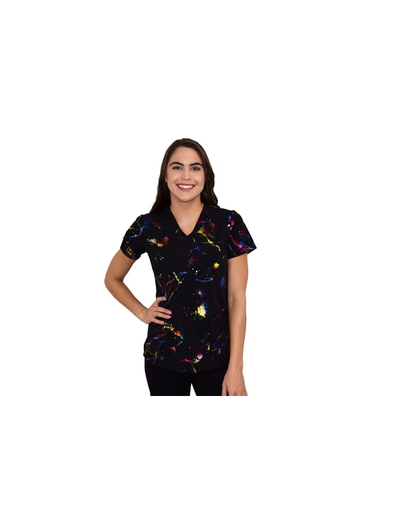 Scrubs for Women V-Neck Scrub Top - Foil Prints, 3 Pockets, Easy Care Uniforms