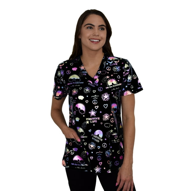 Green Town Scrubs for Women VNeck Scrub Top Foil Prints, 3 Pockets