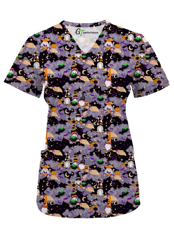 Scrubs for Women V-Neck Scrub Top - Holiday Prints, 3 Pockets, Easy Care Uniforms