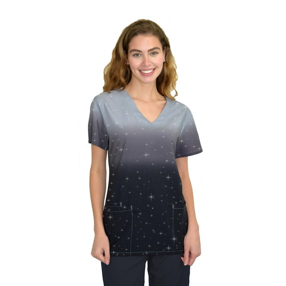 Green Town Scrubs for Women V-Neck Scrub Top - Ombre Prints, 3 Pockets, Easy Care Uniforms