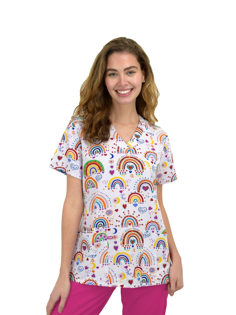 Green Town Women's Nurse Pattern V-Neck Scrub Top Easy Care,