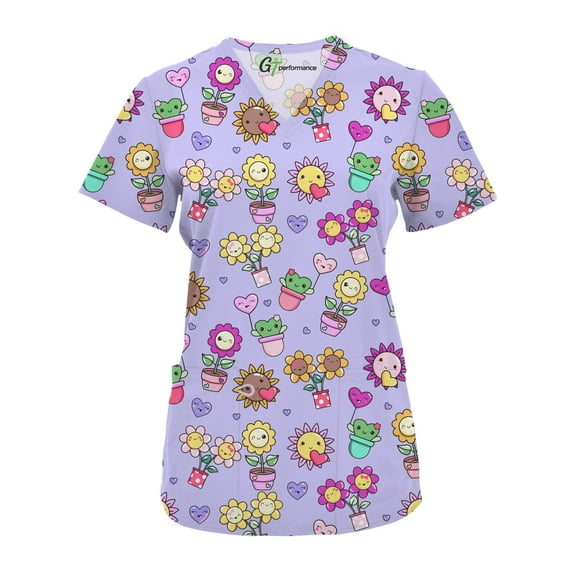 Green Town Scrubs for Women V-Neck Scrub Top - Print Tops, 3 Pockets, Easy Care Uniforms
