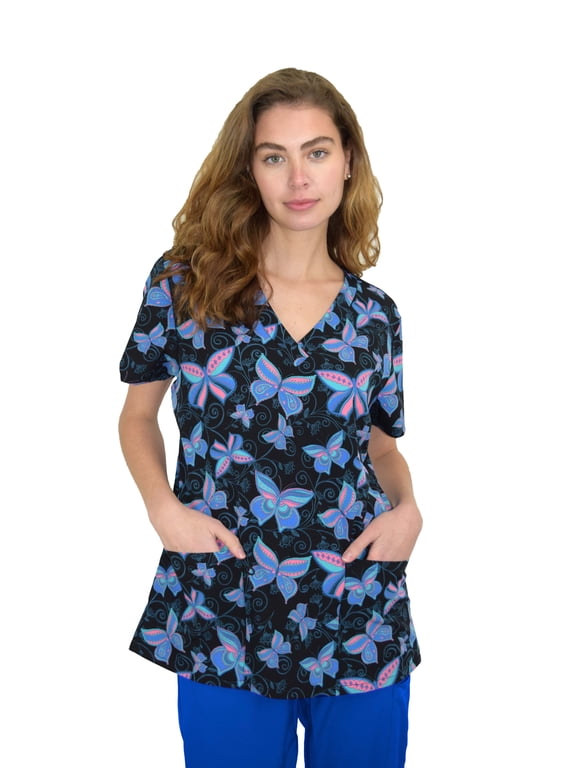 Scrubs for Women V-Neck Scrub Top - Print Tops, 3 Pockets, Easy Care Uniforms