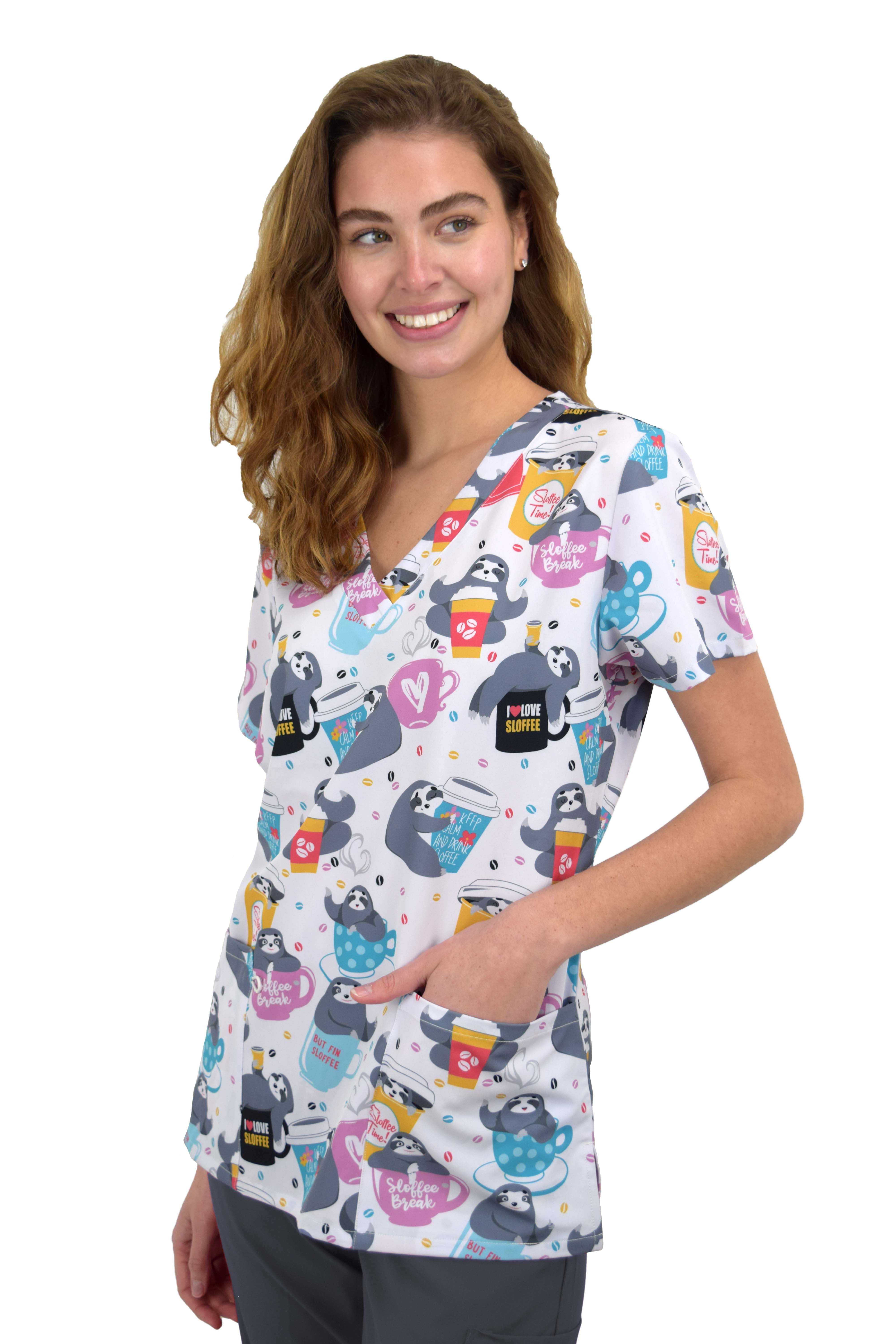 Scrubs for Women V-Neck Scrub Top - Print Tops, 3 Pockets, Easy Care Uniforms