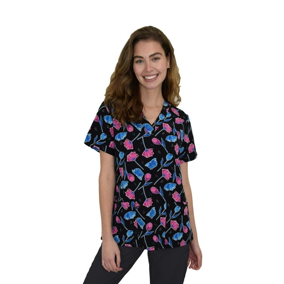 Green Town Scrubs for Women V-Neck Scrub Top - Print Tops, 3 Pockets, Easy Care Uniforms