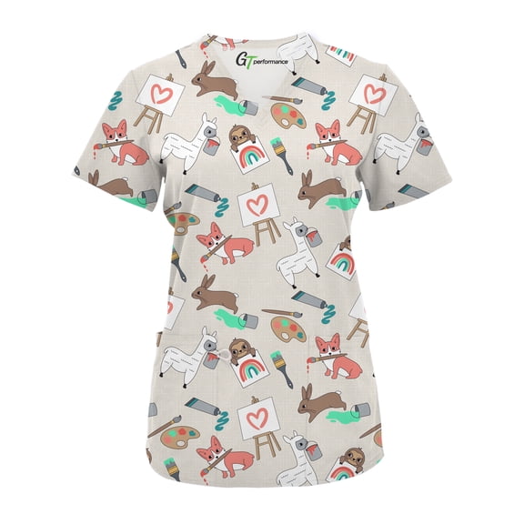 Green Town Scrubs for Women V-Neck Scrub Top - Print Tops, 3 Pockets, Easy Care Uniforms