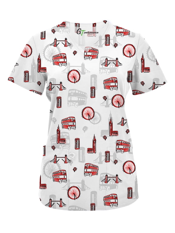 Scrubs for Women V-Neck Scrub Top - Print Tops, 3 Pockets, Easy Care Uniforms