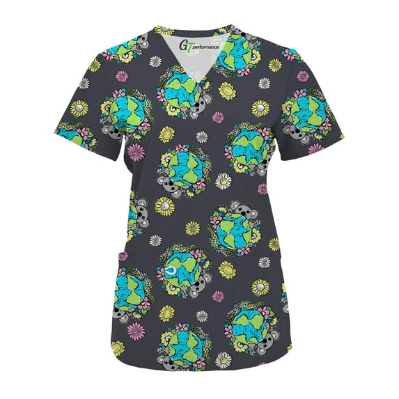 Green Town Scrubs for Women V-Neck Scrub Top - Print Tops, 3 Pockets, Easy Care Uniforms