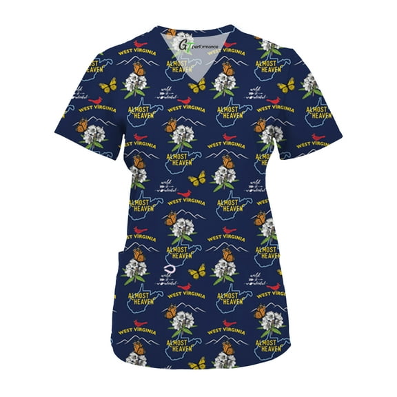 Green Town Scrubs for Women V-Neck Scrub Top - State Pride Prints, 3 Pockets, Easy Care Uniforms