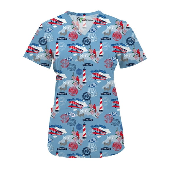 Green Town Scrubs for Women V-Neck Scrub Top - State Pride Prints, 3 Pockets, Easy Care Uniforms