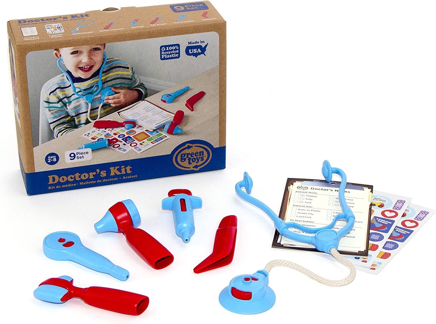 Green Toys Doctor's Kit, Red/Blue 9 Piece Pretend Play, Motor Skills