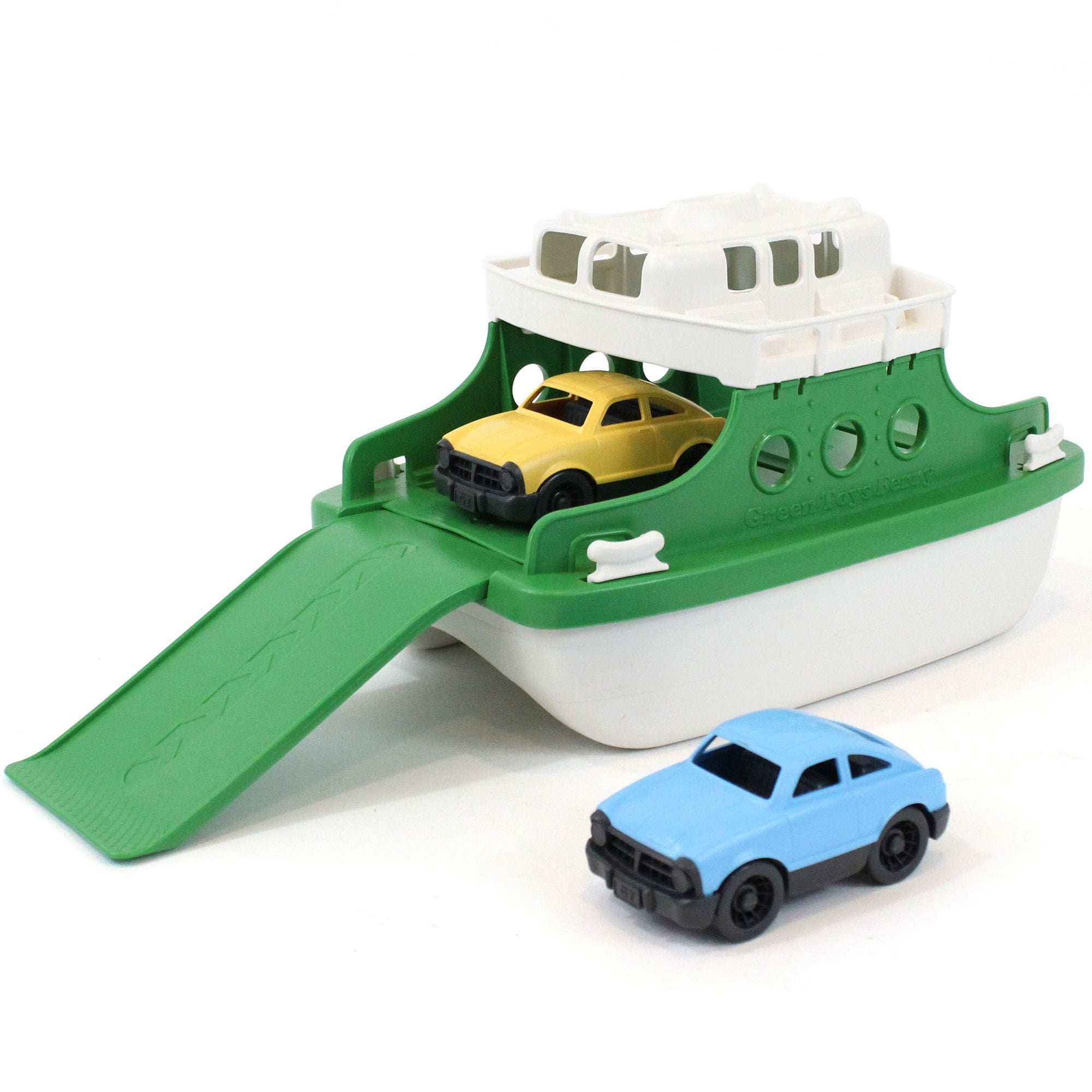 Green Toys: Ferry Boat - Green & White - Floating Toy Vehicle & 2 Mini Cars, Water & Bathtub Play, Loading Ramp, In/Outdoor, Recycled Material, Kid 3+