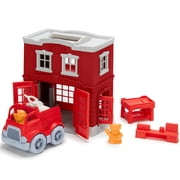 Green Toys: Fire Station Playset - 8pc Emergency Toy Set, Rescue Vehicle Truck, 2-Level Firehouse, 2 Cat Figures, Recycled Material, Kids-Toddlers 2+