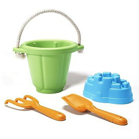 Green Toys: Sand Play Set - Green - 4pc Toy Set, Beach & Water Play, Rope Handle Bucket & 3 Play Tools, Recycled Plastic, Kids & Toddler, Ages 18mo+