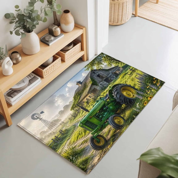Green Tractor 2'x3' Rug for Entryway Front Door Kitchen Sink Area, Vintage Barn Windmill Country Path Farm Low Pile Washable Non Slip Rectangle Area Rug for Living Room