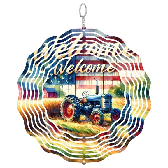 Green Tractor And American Flag 3D Wind Spinner, Patriotic Farm Metal Art, Kinetic Garden Decor, Farmer Gift