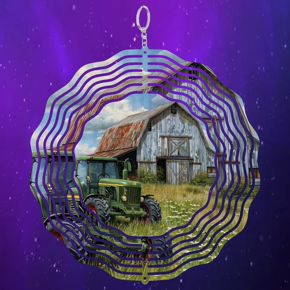 Green Tractor And Barn Farm 3D Wind Spinner Stainless Steel Kinetic Yard Decor