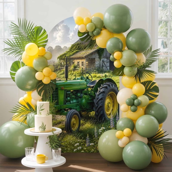 Green Tractor Arch Backdrop Cover, 4FT, Vintage Barn Windmill Country Path Farm Spandex Arch Covers Double-Sided Backdrop for Wedding Birthday Party Photo Background Decoration