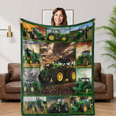 Green Tractor Blanket Boys Excavator Plush Throw Blanket Soft Fuzzy Flannel Tractor Blanket for Bed Couch Sofa Decor Blankets Trucks Car Lover Toddler Kids Blankets Gift