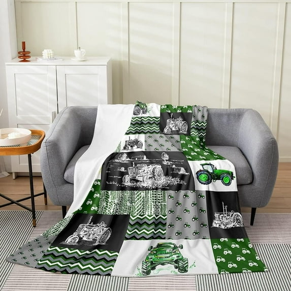 Green Tractor Blanket Throw 50x60 Farm Vehicle Truck Throw Blanket Cartoon Equipment Construction Harvester Fleece Blanket for Kids Boys Car Bed Blanket Bedroom Decor,Grey