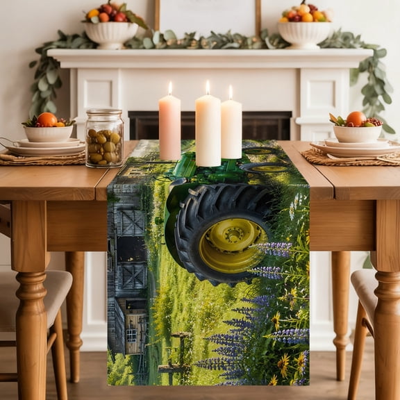 Green Tractor Dining Table Runner, Vintage Barn Windmill Country Path Farm Washable Table Runners Kitchen Coffee Table Center Decor for Home Party Holiday Wedding 13 x 48 Inches
