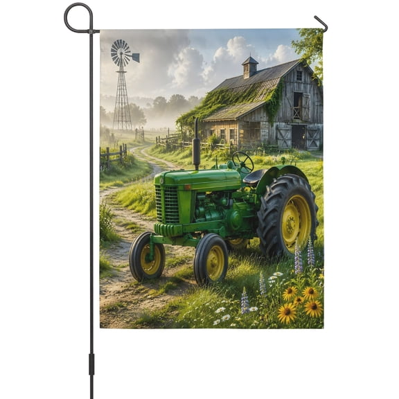 Green Tractor Garden Flag 12 x 18 Inches, Vintage Barn Windmill Country Path Farm Weather Proof Outdoor Patio Flags Double Sided Small Garden Decoration for Yard Outside Home