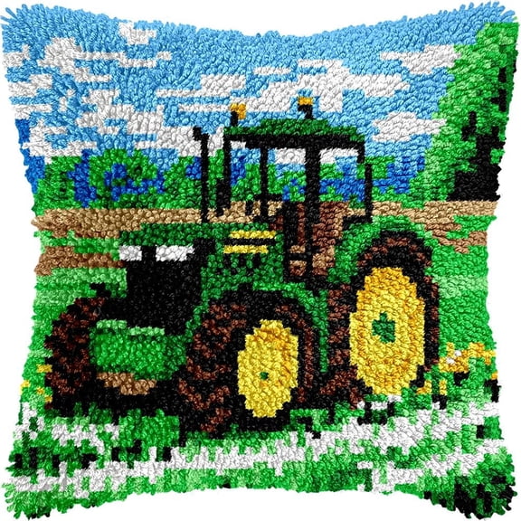 Green Tractor Latch Hook Kits Pillow DIY Pillowcase Crochet Hook Cushion Making Kits with Preprinted Pattern Canvas Instruction Yarns Pillow Cover Easy Starter DIY Crochet Kits 43x43cmf41)