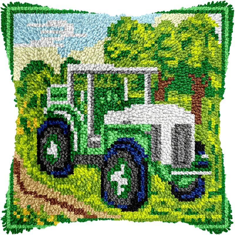 Green Tractor Latch Hook Pillow Kits Cushion Pillowcase with Pattern Printed Canvas Sofa Hooking Pillows Crafts Embroidery Latch Hooking Crochet Kits 17x17 inch(189)