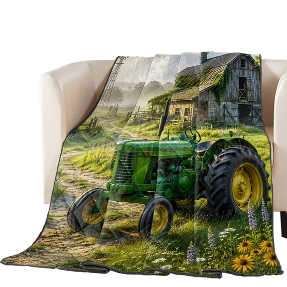 Green Tractor Quilted Comforters Cooling Blanket Oversized Queen Size, Vintage Barn Windmill Country Path Farm Cold Comfort for Hot Sleepers Lightweight Air Conditioning Quilt Blanket for Bed