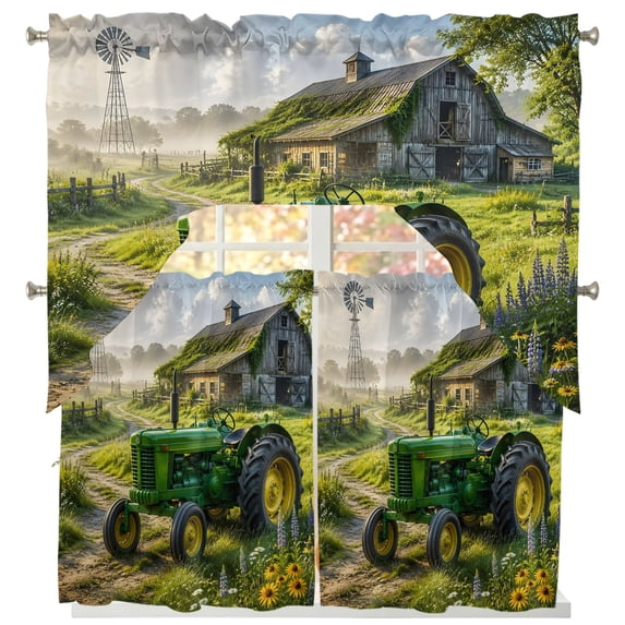Green Tractor Swag Kitchen Curtains Sets for Windows 24 Inch Length, Old Barn Windmill Wildflowers Farmhouse Short Window Curtain Panels Swags Valances and Tiers 3 Piece Set for Cafe/Dining Room