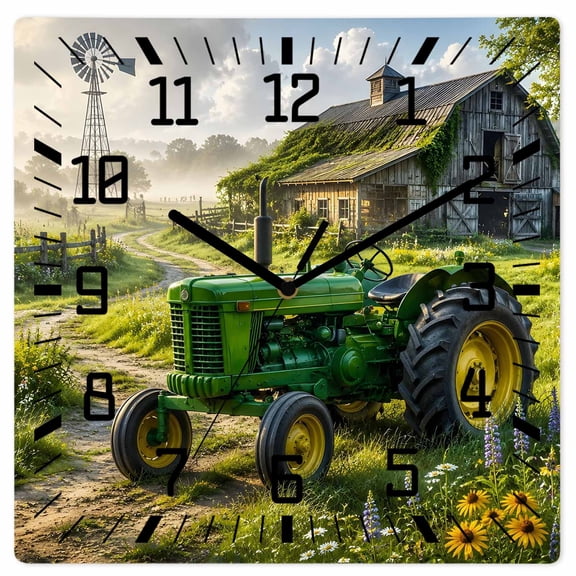 Green Tractor Wall Clock Vintage Barn Windmill Country Path Farm 10 Inch Wooden Wall Clock Silent Non Ticking Wall Clocks Quartz Battery Operated Square Clock for Living Room Bedroom Home Office