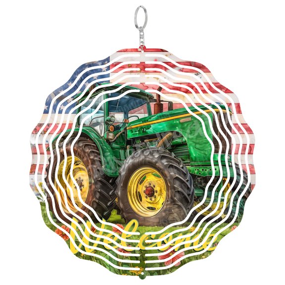 Green Tractor Wind Spinner Metal Outdoor Decor Patriotic Farmhouse Multi-Color Distressed Finish