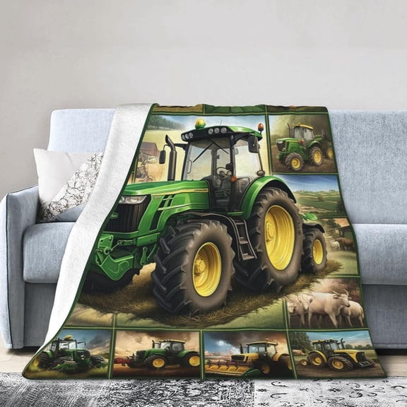 Green Tractor and Farm Animals Collage Throw Blanket, Soft Plush Fleece Blanket for Couch and Bedroom Decor