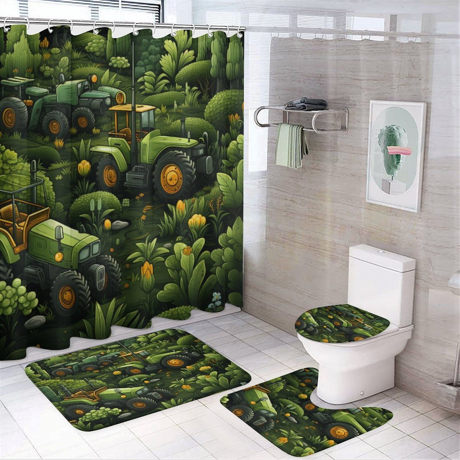 Green Tractors Pattern Shower Curtain 4 Piece Set Rug Toilet Lid Cover And Non-Slip U Shape Mat Cartoon Machinery Truck Waterproof Shower Curtain for Bathroom Decor