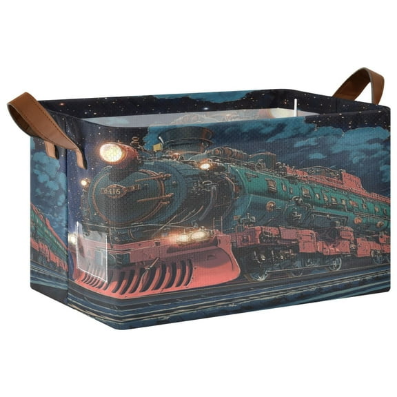 Green Train Storage Basket Soccer Plaid Fabric Hoard Box Oversized Collapsible Closet Organizer with Metal Iron Frame 16.911.410in