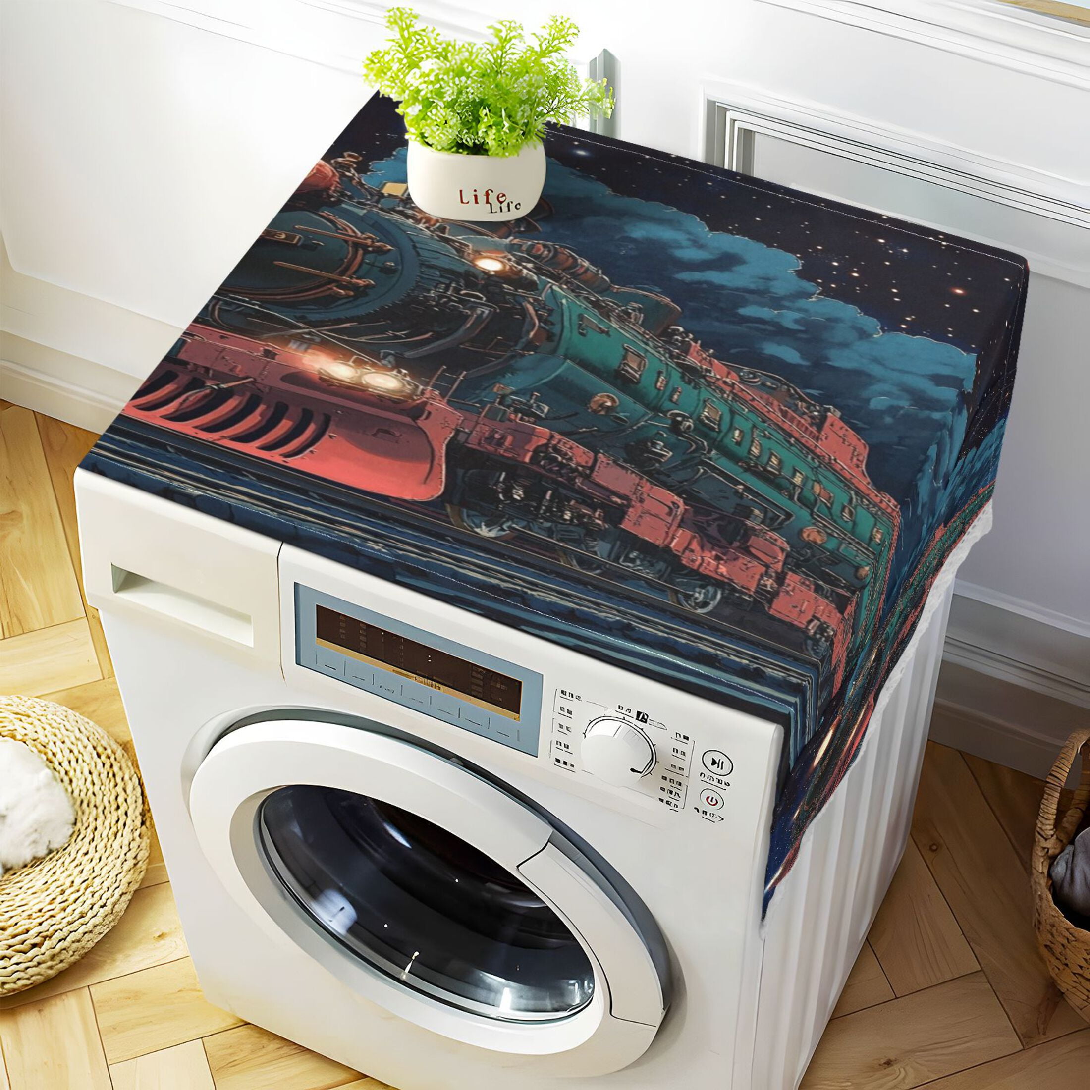 Green TrainWasher and Dryer Covers Dust-Proof and Oil Resistant Fridge Cover with 4 Storage Pockets Washing Machine Top Cover for Laundry Kitchen Home 51.2 x 22 In
