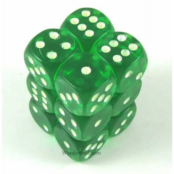 Green Transparent Dice with Glow in the Dark Pips D6 16mm (5/8in) Pack of 12 Koplow Games