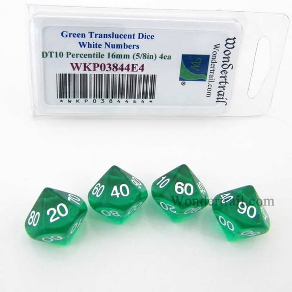 Green Transparent Dice with White Numbers DT10 16mm (5/8in) Pack of 4 Wondertrail