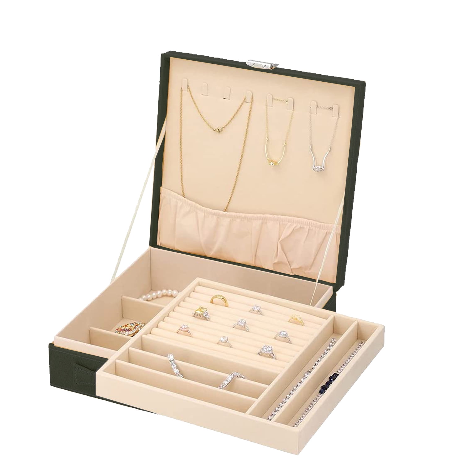 Shop LC Jewelry Organizer Box for Women Faux Velvet  Tarnish 2 Layer Forest Green Storage Case Birthday Valentines Day Gifts
