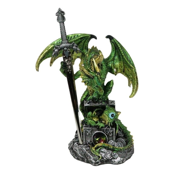 Green Treasure Dragon Holding Gothic Sword With Baby Letter Opener Figurine