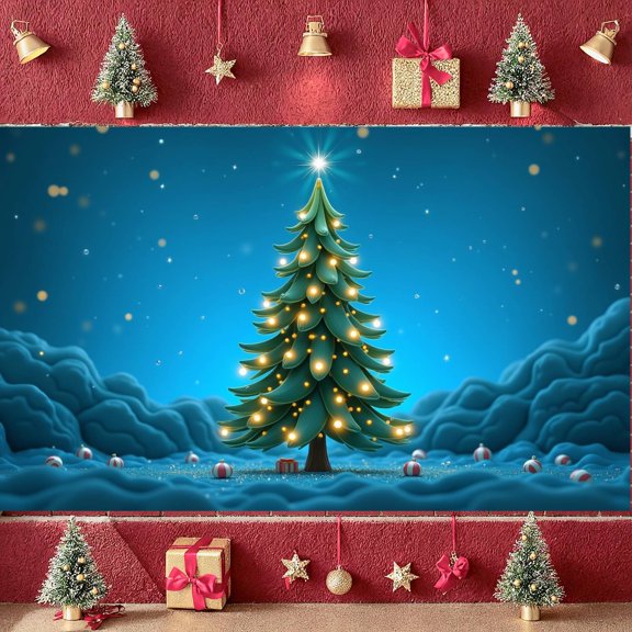 Green Tree Christmas Tree Banner Lit Lights Holiday Backdrop Star Topped Gift Decorated Festive Background for Christmas Party Indoor Celebration Family Gathering